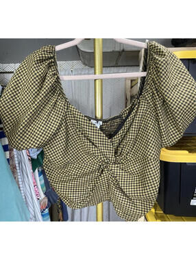 Rabbit Rose Gingham Plaid Puff Sleeve Crop Top XL Black Gold Coquette Y2K Blouse